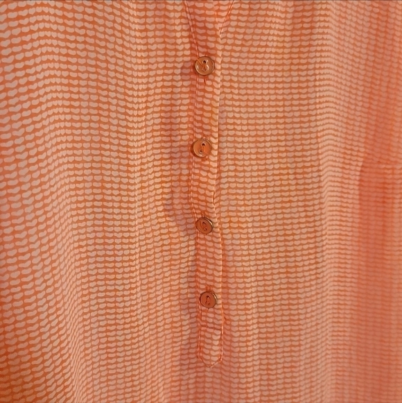 A.N.A Petite Medium PM Sheer Blouse Coral White Hearts Henley Roll Tab Sleeve - Picture 6 of 8
